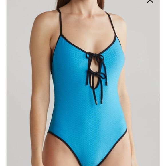 Sanctuary blue & black keyhole 1 piece swimsuit w allover texture size L NWT - Picture 1 of 6